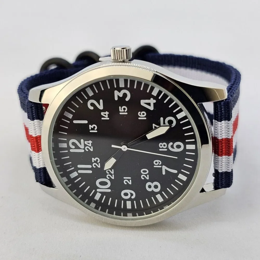 Men's Field Military Watch 42MM‎ Black Dial Blue White Red Canvas Band Straps